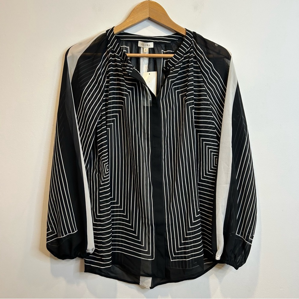 Laura Mixed Stripe Button-Down Sheer Blouse Black and White Pattern - Picture 6 of 13